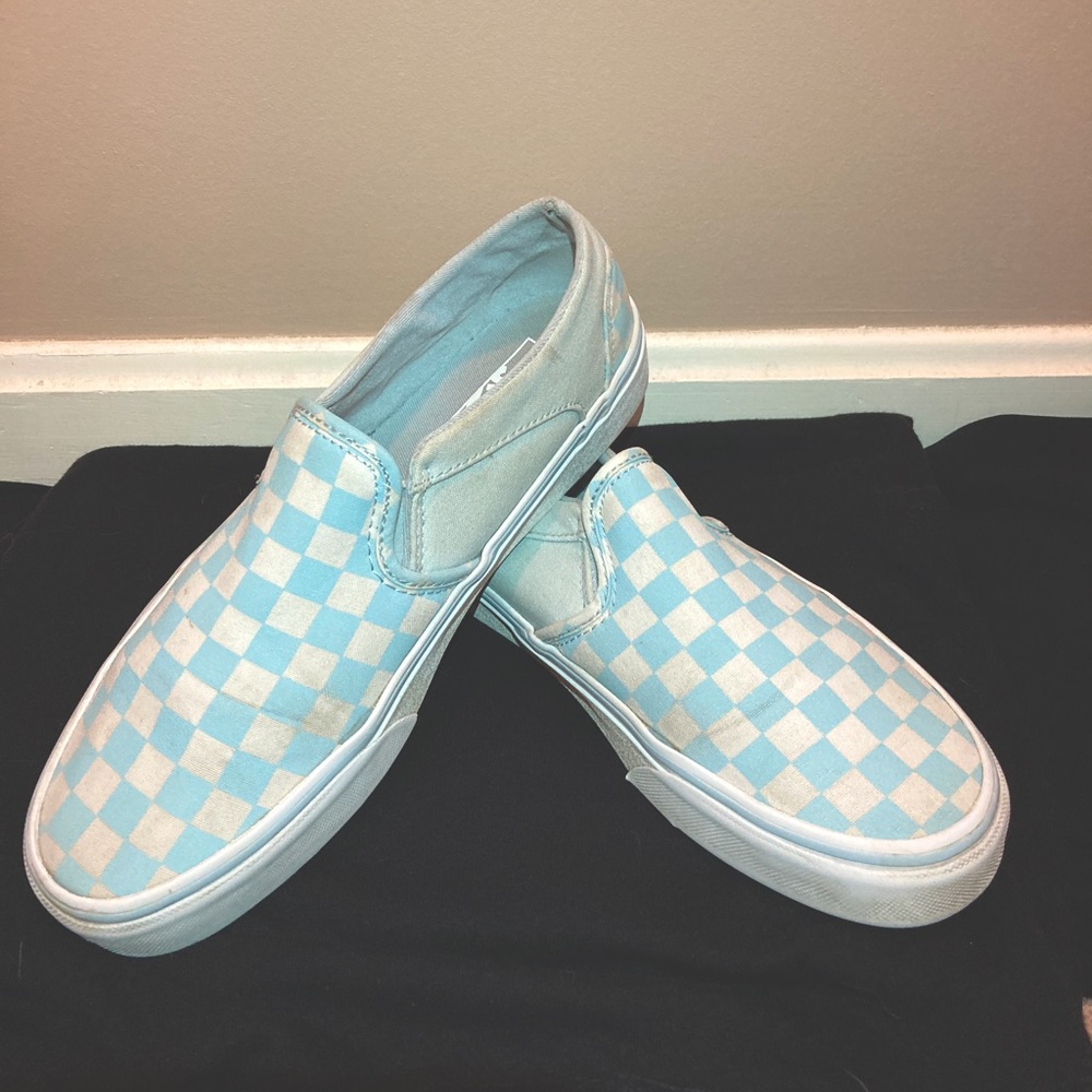 Woman’s Classic light blue checkerboard Vans slip on sneakers. Size 8.5.